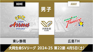 【配信】大同生命SVリーグ 2024-25 男子 第22節 東レアローズ静岡 vs. 広島サンダーズ(04/05)